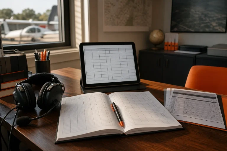 Digital pilot logbook on a tablet next to a paper logbook